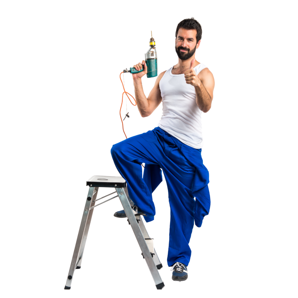 Man in white tank top holding drill.