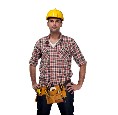 Construction worker in plaid shirt, tool belt.