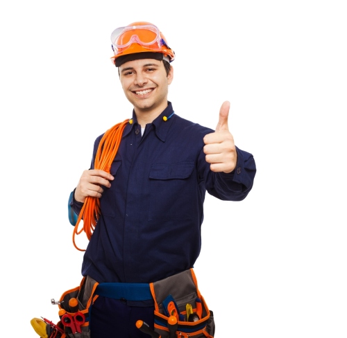 Electrician smiling with tools, giving thumbs up.