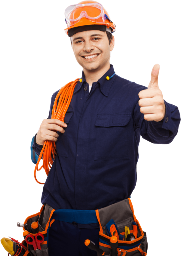 Electrician smiling, wearing gear, giving thumbs up.