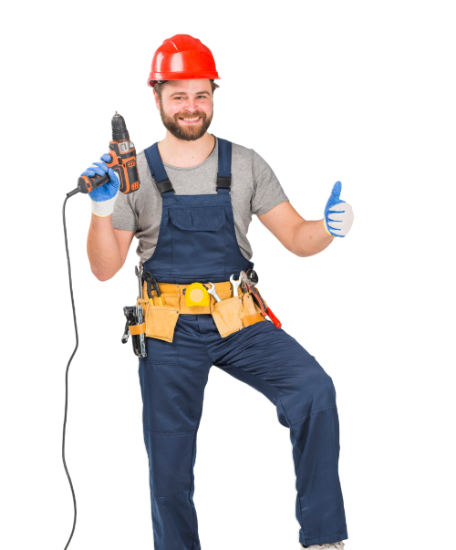 Construction worker holding drill, giving thumbs up